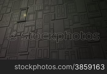 High definition animation of a wall of doors with one special door opening to bright light.