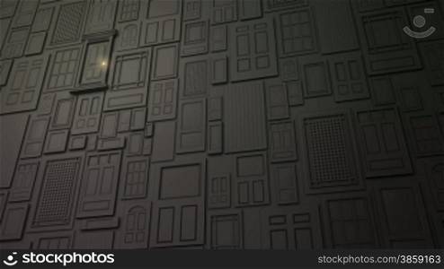 High definition animation of a wall of doors with one special door opening to bright light.