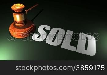 High definition animation of an auction gavel hitting a block with the word SOLD appearing on the desk.