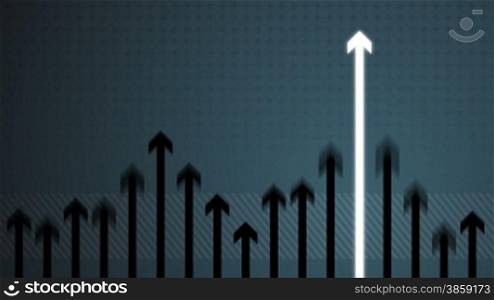 High definition animation of dark arrows struggling to grow with a single glowing light arrow steadily rising over a blue geometric abstract background.