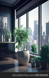 High floor modern interior with big windows city viewing, cozy living room interior with potted green plants, big windows depicting other buildings and skyscrapers. Generative Ai.