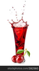 High glass of cherry juice with splashes and cherries isolated on white background. High glass of cherry juice with splashes and cherries