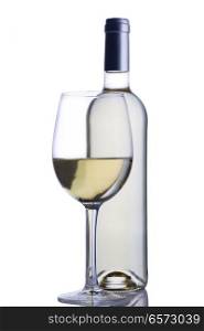 High glass with still white wine and wine bottle isolated on white background. Glass of white wine