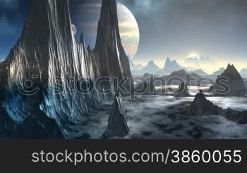 High, jagged cliffs and mountains are among the mist. At night the starry sky a huge gas giant. It revolves around the planet. Camera flies over the mountains towards the gas giant.