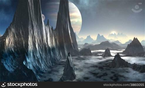 High, jagged cliffs and mountains are among the mist. At night the starry sky a huge gas giant. It revolves around the planet. Camera flies over the mountains towards the gas giant.