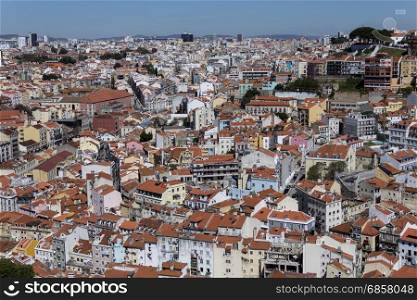 High level view over the rooftops of the city of Lisbon, Portugal.