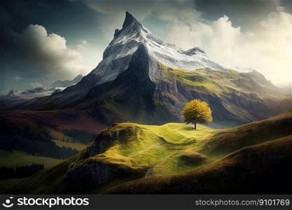 High mountain peak landscape with a green valley on foreground. Generative AI.. High mountain peak landscape with a green valley on foreground. Generative AI