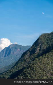 High mountain range with the rain forest in the national park, evening time with the moon