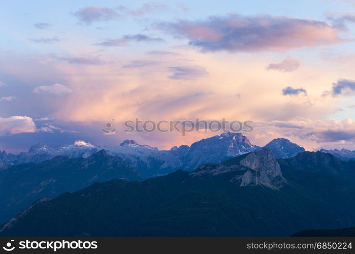 High mountain ridge at sunset. Dolomites Alps, Italy