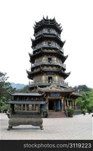 High pagoda in buddhist temple, Jiuhua Shan, China