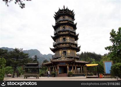 High pagoda in buddhist temple, Jiuhua Shan. China