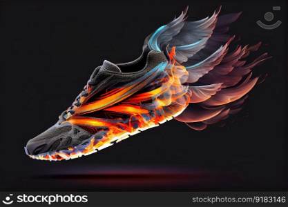 high-performance running shoes with smoke in the shape of wings, symbolizing speed and lightness, created with generative ai. high-performance running shoes with smoke in the shape of wings, symbolizing speed and lightness