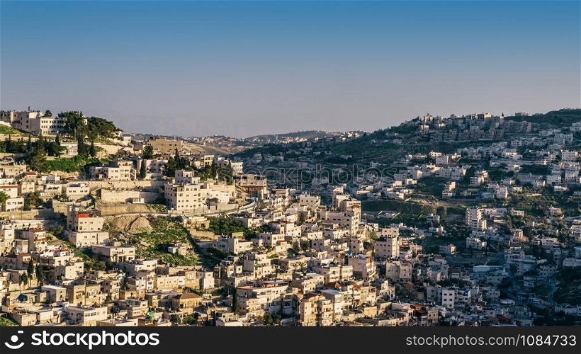High perspective view of Silwan Village in the outskirts of Jerusalem, Israel.. High perspective view of Silwan Village in the outskirts of Jerusalem, Israel