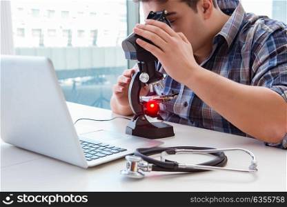 High precision engineering with man working with microscope