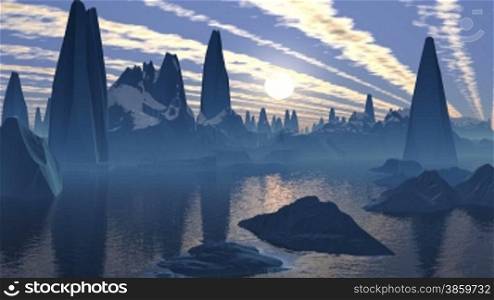 High pyramids among mountains are reflected in water. In the evening sky the bright moon and lines of clouds.