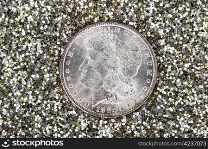 High Quality American Silver Dollar in Gold and Silver glitter background