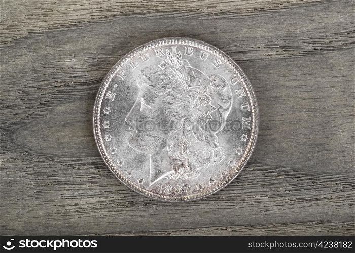 High Quality American Silver Dollar on fading white ash wood