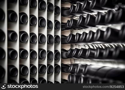 high quality Galvanized steel pipe or Aluminum and chrome stainless pipes in stack waiting for shipment in warehouse. Neural network AI generated. high quality Galvanized steel pipe or Aluminum and chrome stainless pipes in stack waiting for shipment in warehouse. Neural network AI generated art