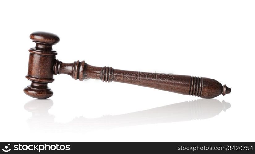 High quality mahogany wooden gavel isolated on white with natural reflection.