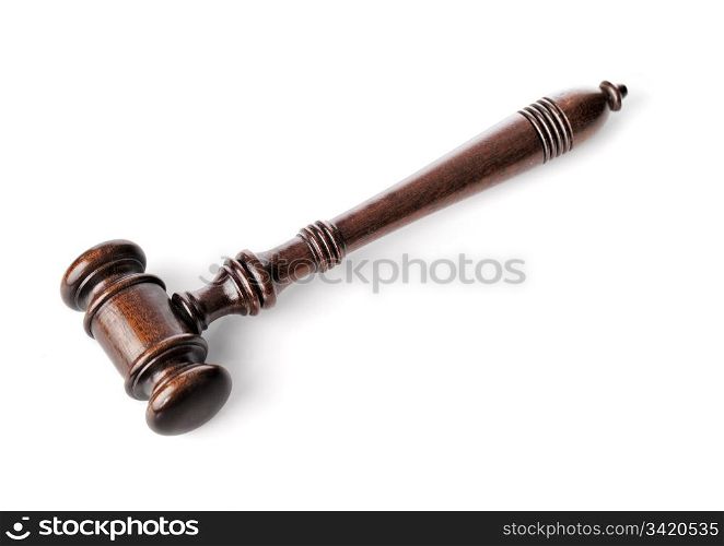 High quality wooden gavel mallet isolated on white with natural shadows.