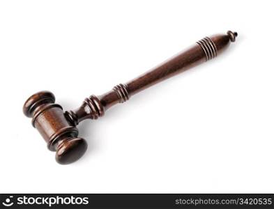 High quality wooden gavel mallet isolated on white with natural shadows.