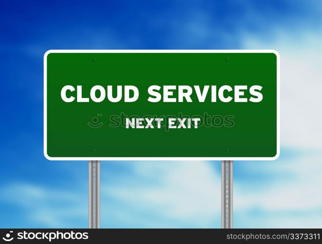 High resolution graphic of a cloud services road sign on cloud background.