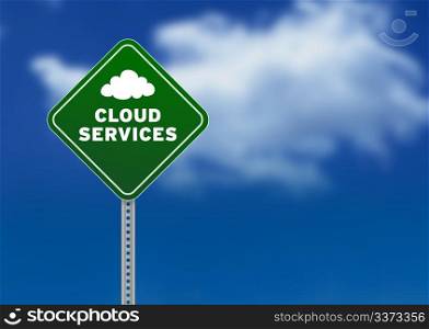High resolution graphic of a green Road Sign on Cloud Background with the words cloud services