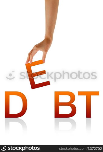 High resolution graphic of a hand holding the letter E from the word debt.