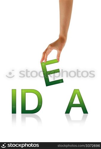 High resolution graphic of a hand holding the letter E from the word Idea.
