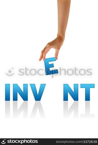 High resolution graphic of a hand holding the letter E from the word Invent