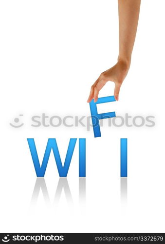 High resolution graphic of a hand holding the letter F from the word Wifi.