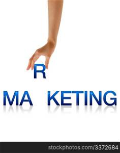 High resolution graphic of a hand holding the letter R of the word marketing.