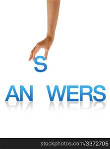 High resolution graphic of a hand holding the letter S from the word Answers.