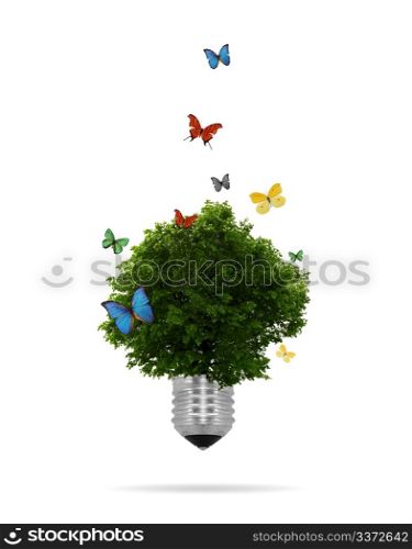 High resolution graphic of a lightbulb with tree growing inside surrounded by colorful butterflies.
