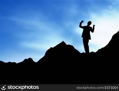 High resolution graphic of a man standing on top of a mountain.
