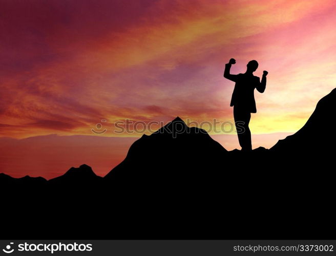 High resolution graphic of a man standing on top of a mountain.