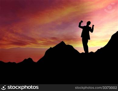 High resolution graphic of a man standing on top of a mountain.