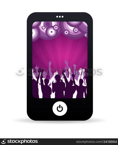 High resolution graphic of a mobile phone with dancing people background.