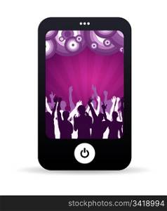 High resolution graphic of a mobile phone with dancing people background.