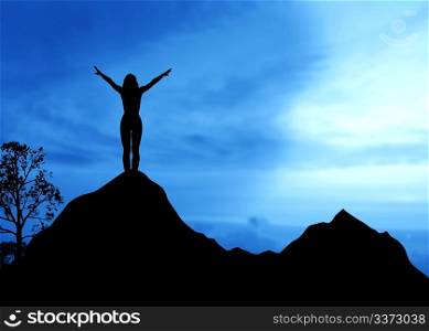 High resolution graphic of a woman standing on top of a mountain.