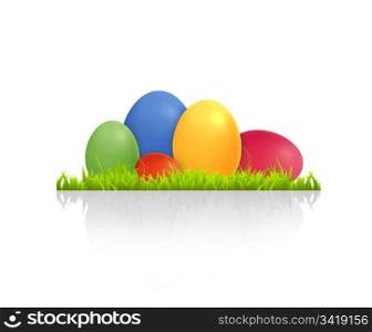 High resolution graphic of colorful easter eggs laying in grass.