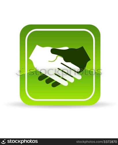 High resolution green hand shake icon on white background.