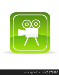 High resolution green video film camera icon on white background.