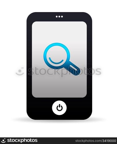 High resolution mobile phone graphic with search icon.