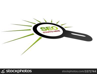 High resolution perspective graphic of a Magnifying Glass with the words SEO starts here