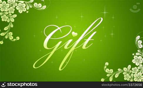 High resolution promotional gift certificate grahic with floral elements on green background.