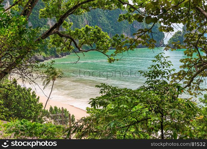 High rocks and the Andaman Sea, a beautiful bay through the foliage