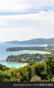 High scenic view beautiful landscape three beach and sea at Hat Kata Karon Viewpoint in Phuket island, Thailand