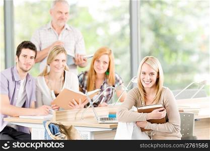 High-school or university young study group with mature professor