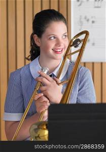 High School Student Practicing Trombone